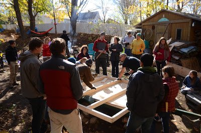 Participants at Tiny House workshop building