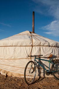 Homemade yurt with bicycle